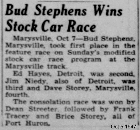 Marysville Race Track (Blue Water Speedway) - October 5 1947 Marysville Results From Dave Dobner